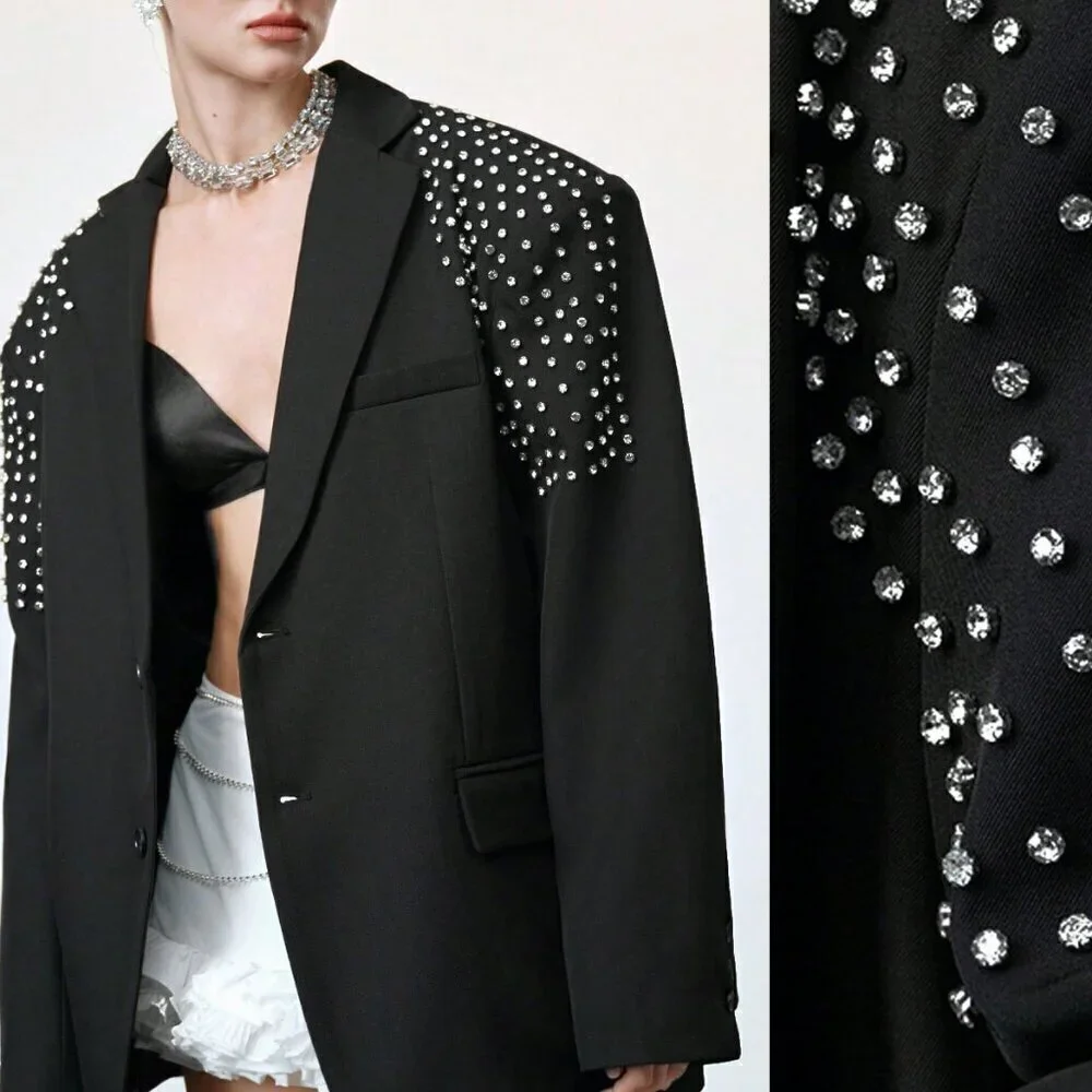 Black Elegant Formal Women's Oversized Rhinestone detailed Blazer